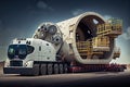 tunnel boring machine, with its conveyor belt and tunneling equipment visible, being transported on flatbed truck Royalty Free Stock Photo