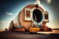 tunnel boring machine, with its conveyor belt and tunneling equipment visible, being transported on flatbed truck Royalty Free Stock Photo