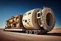 tunnel boring machine, with its conveyor belt and tunneling equipment visible, being transported on flatbed truck Royalty Free Stock Photo