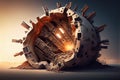 tunnel boring machine, with its cutter head and drill bits visible, breaking through the earth Royalty Free Stock Photo