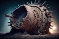 tunnel boring machine, with its cutter head and drill bits visible, breaking through the earth Royalty Free Stock Photo