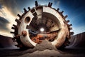 tunnel boring machine, its head rotating and digging into the earth Royalty Free Stock Photo