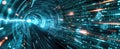 Tunnel of cyber data in abstract digital space, fast lights as dark information background. Theme of speed, secure network,