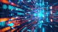 Tunnel of cyber data in abstract digital space, fast lights and code as dark information background. Theme of speed, secure