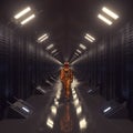 Astronaut walks in a futuristic dark tunnel