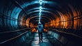 Tunnel engineer in dark railway tunnel construction site. Heavy work underground. Generative Ai