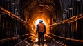 Tunnel engineer in dark railway tunnel construction site. Heavy work underground. Generative Ai