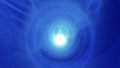 A tunnel flying at the speed of light from multi-colored blue and white moving light strips and energy beams. Abstract Royalty Free Stock Photo