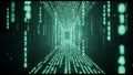 Tunnel of green digital binary code flowing into a bright light at the end of a dark corridor Royalty Free Stock Photo