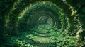 A tunnel of green plants and trees with a path leading to it, AI Royalty Free Stock Photo