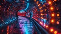 A tunnel with lights and a lighted path inside of it, AI