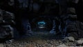 Tunnel in a mountain cave leading to a glowing portal gate. An abandoned passage in the rock. 3d render Royalty Free Stock Photo