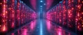 Tunnel, neon lights, dark interior of data center. Banner. 3D illustration. Royalty Free Stock Photo