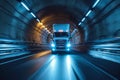 Tunnel speed powerful semi truck barrels through with dynamic motion Royalty Free Stock Photo