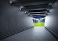 Tunnel in stadium with green football field