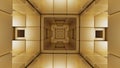 Tunnel infinity spaceship porthole gold squares cubes 3D illustration Royalty Free Stock Photo