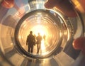 Tunnel view through a glass silhouetted figures walking towards bright light Royalty Free Stock Photo