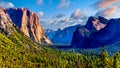 Tunnel View of Yosemite Valley with famous granite rock El Capitan on the left and dry Bridalveil Fall in Yosemite National Park Royalty Free Stock Photo