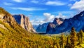 Tunnel View of Yosemite Valley with famous granite rock El Capitan on the left and dry Bridalveil Fall in Yosemite National Park Royalty Free Stock Photo