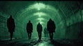 Tunnel Vision Silhouetted Figures Marching Forward in an Ominous GreenLit Passageway Royalty Free Stock Photo
