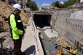 Tunneller worker installing fixture in underground subway metro construction site in Sofia, Bulgaria. Royalty Free Stock Photo