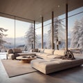 tunning house cabane interior, offering a unique blend of modern elegance with a captivating forest view. Royalty Free Stock Photo