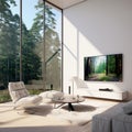 tunning house cabane interior, offering a unique blend of modern elegance with a captivating forest view. Royalty Free Stock Photo