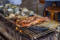 Turban shell,clam,Quahog,shrimp,scallop shell,Horse mackerel, Charcoal-grilled seafood.in chiba-ken JAPAN