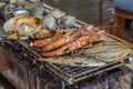 Turban shell,clam,Quahog,shrimp,scallop shell,Horse mackerel, Charcoal-grilled seafood.in chiba-ken JAPAN