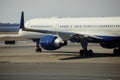 The turbine the aircraft plane is preparing to fly at the airplane on the runway the airport Royalty Free Stock Photo