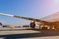 The turbine the aircraft plane is preparing to fly at the airplane on the runway at the airport Royalty Free Stock Photo