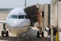 The turbine the aircraft plane is preparing to fly at the airplane on the runway the airport. Royalty Free Stock Photo