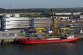 Turbine blade assembly and shipping area, port of Belfast, Northern Ireland, UK