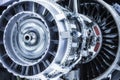 Turbine Engine. Aviation Technologies. Aircraft jet engine detail during maintenance. Blue toned. Royalty Free Stock Photo