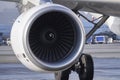 Turbine jet engine CFMI CFM56-5B passenger aircraft airbus A320, on the background of the runway. turbine blades, civil aviation,