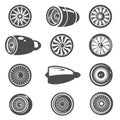 Turbine turbomachine black and white isolated icons set. Airplane equipment engine power blades fan