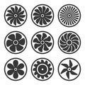 Turbines and Fan Icons Set. Turbojet Engine Power. Vector Royalty Free Stock Photo