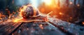 Turbo snail with fiery boost speeding on a rustic wooden bridge twilight setting