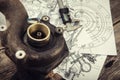 Turbocharger on the main plan - Technical plans and Caliper Royalty Free Stock Photo
