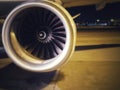 Turboprop aircraft engine closeup shot. Turbine blades of aircraft jet engine. Royalty Free Stock Photo