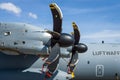 Turboprop engine Europrop TP400-D6 of military transport aircraft Airbus A400M Atlas.