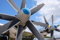 Turboprop engine propellers on sky background