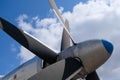 Turboprop engine propellers on sky background