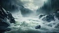 Turbulent river in the wild nature, a large natural stream of water flowing in a channel to the sea, a lake, or another