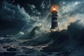 Turbulent Sea storm lighthouse. Generate Ai Royalty Free Stock Photo