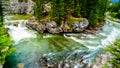 The turbulent waters of the Maligne Canyon flowing through the deep Maligne Canyon in Jasper National Park