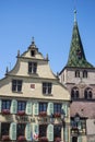 the city hall with french flag in the medieval village of Turckheim in France, with text in