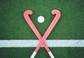 Turf field, hockey stick or sports ball on the ground for fitness competition, exercise contest or practice match. Green Royalty Free Stock Photo