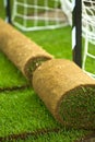 Turf grass rolls on football field Royalty Free Stock Photo