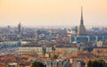 Turin cityscape, Torino, Italy at sunset, panorama with the Mole Antonelliana over the city. Scenic colorful light and dramatic sk Royalty Free Stock Photo